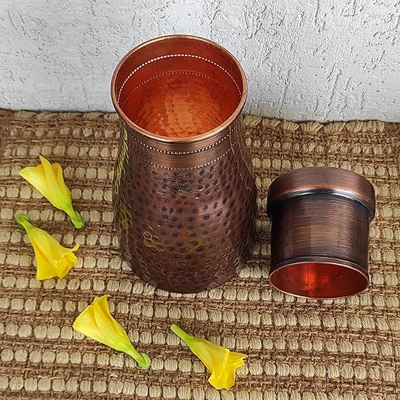 Indian Art Villa Pure Copper Bedroom Water Bottle With Inbuilt Glass Hammered Antique Design