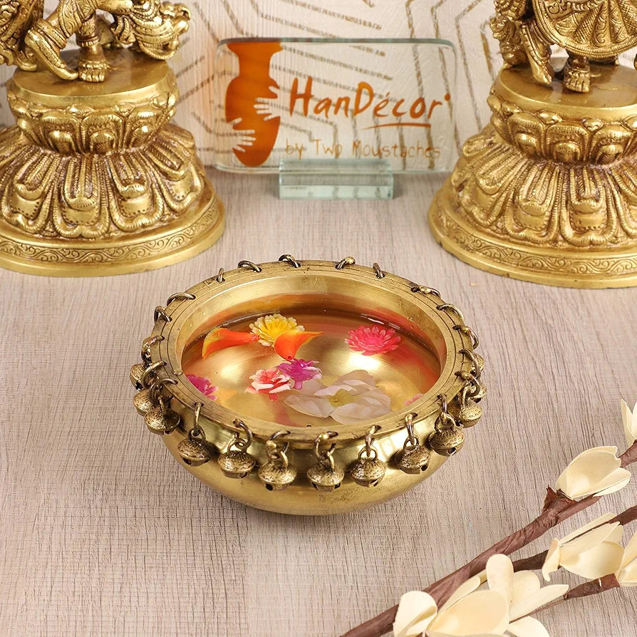 Two Moustaches Ethnic Traditional 6 Inches Brass Urli Bowl with Bells
