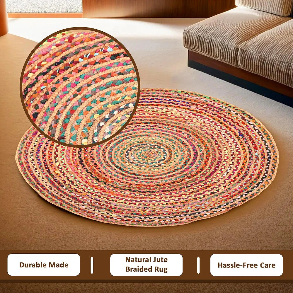 Kuber Industries 4x4 Feet Satranji Doubling Round Jute Rug & Carpet for Home & Bedroom Lines Pink