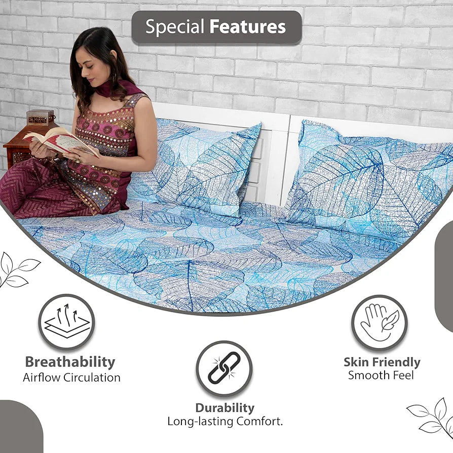 Divine Casa 144 TC Cotton Double Bedsheet with 2 Pillow Covers Colour Light Blue Floral Print Soft & Breathable