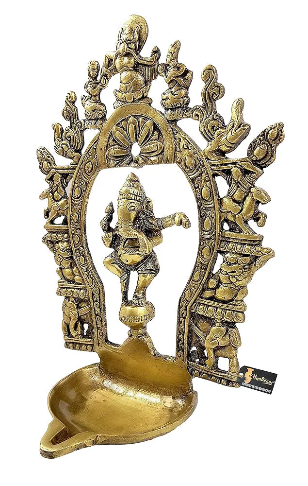Two Moustaches Brass Ethnic Indian Carving Dancing Ganesha Design Diya with Prabhavali Frame
