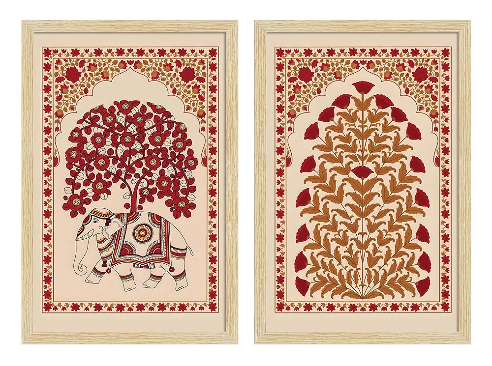 ArtX Paper Elephant Kalamkari Art Paintings with Frame Set of 2