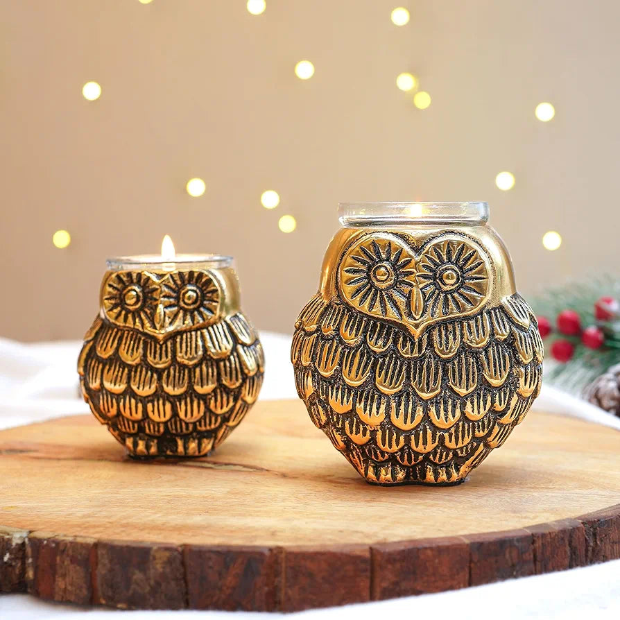 BEHOMA Aluminium Owls with Votives Set of Mother and Child | Statue for Home Decor Tabletop Living Room | Candle Holder Gift Showpiece for Mothers Day, Birthday, Anniversary | Votives Candle Included