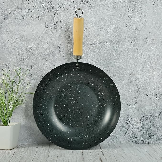 Femora Carbon Steel Wok 30 Cm With Wooden Handle | 3 Layer Non-stick Coating Wok | Black