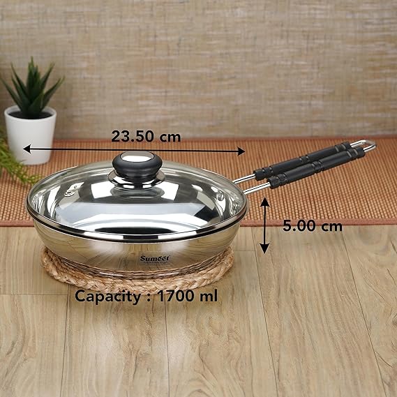 Sumeet Stainless Steel Induction Bottom Fry Pan with Glass Lid 1.7 Liter 23.5 cm Silver
