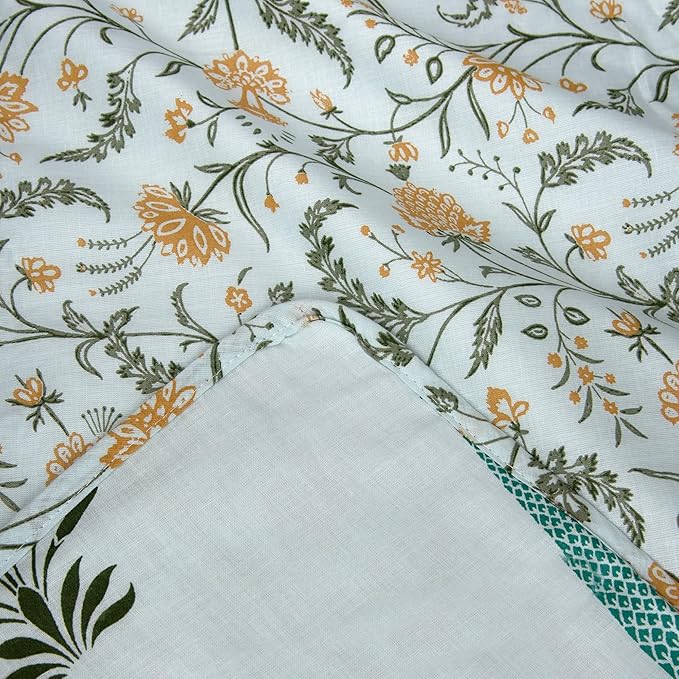 Huesland 100% Cotton Reversible Dohar Single Bed Cotton | Soft Cambric Weave, All Weather Light Ac Blanket | Botanical Fusion - Celest Blue, Green & Mustard