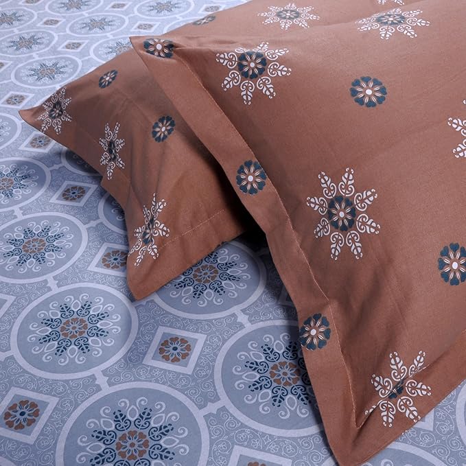 Huesland by Ahmedabad Cotton 144 TC Cotton Bedsheet for Double Bed King Size with 2 Pillow Covers | Mandala | Brown & Grey