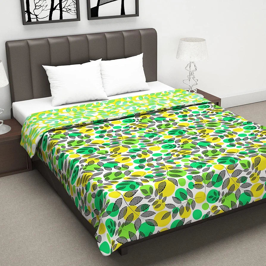 Divine Casa 120 GSM Microfiber Double Dohar Soft & Lightweight Throw Blanket Tropical Leaf Pattern Colour Green & Yellow