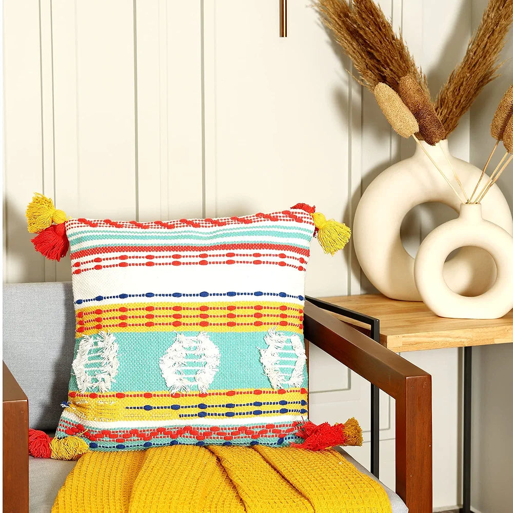 Sashaa World 100% Cotton Handwoven Decorative Cushion Cover With Zipper Colour Multi