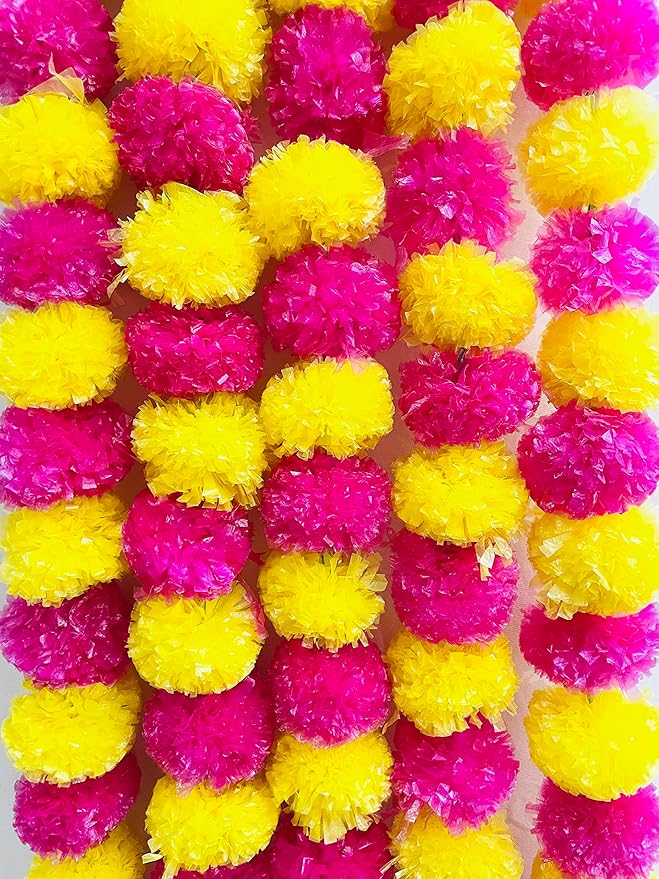 Artificial Marigold Fluffy Flower Garlands Pack of 5 Yellow and Rani Pink