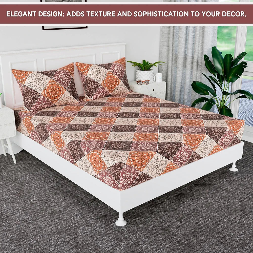 Kuber Industries Cotton Fitted Bedsheets For Double Bed With 2 Pillow Covers Brown