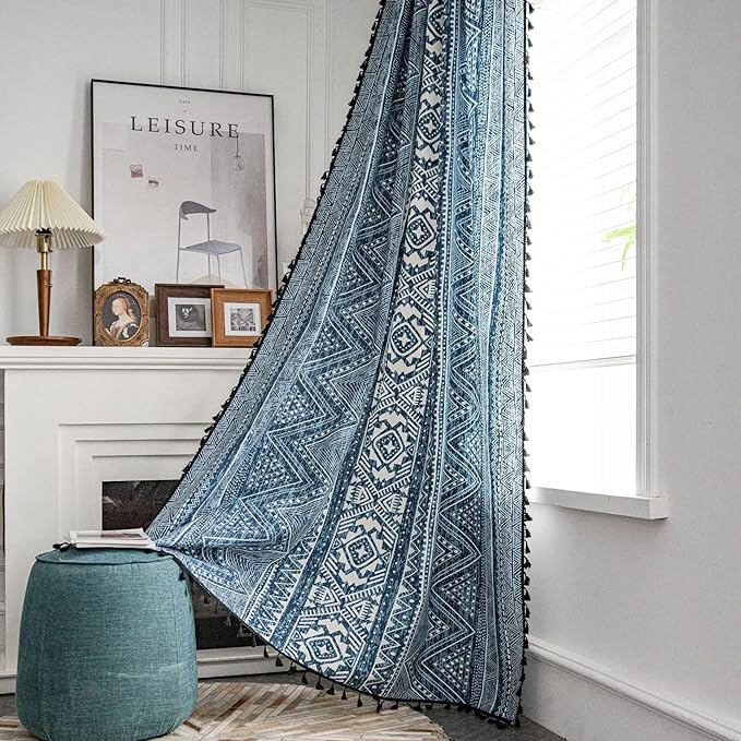 Huesland Cotton Curtains for Windows, 5 Feet Long 1 Bohemian Eyelet Curtain | Tribal Style Blue