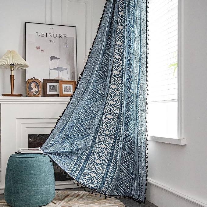 Huesland Cotton Curtains for Door, 7 Feet Long 1 Bohemian Eyelet Curtain | Tribal Style Blue