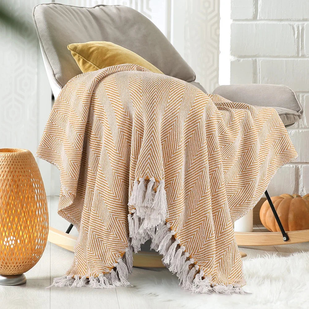 Sashaa World Cotton Striped Chevron Throw Blanket Colour Yellow