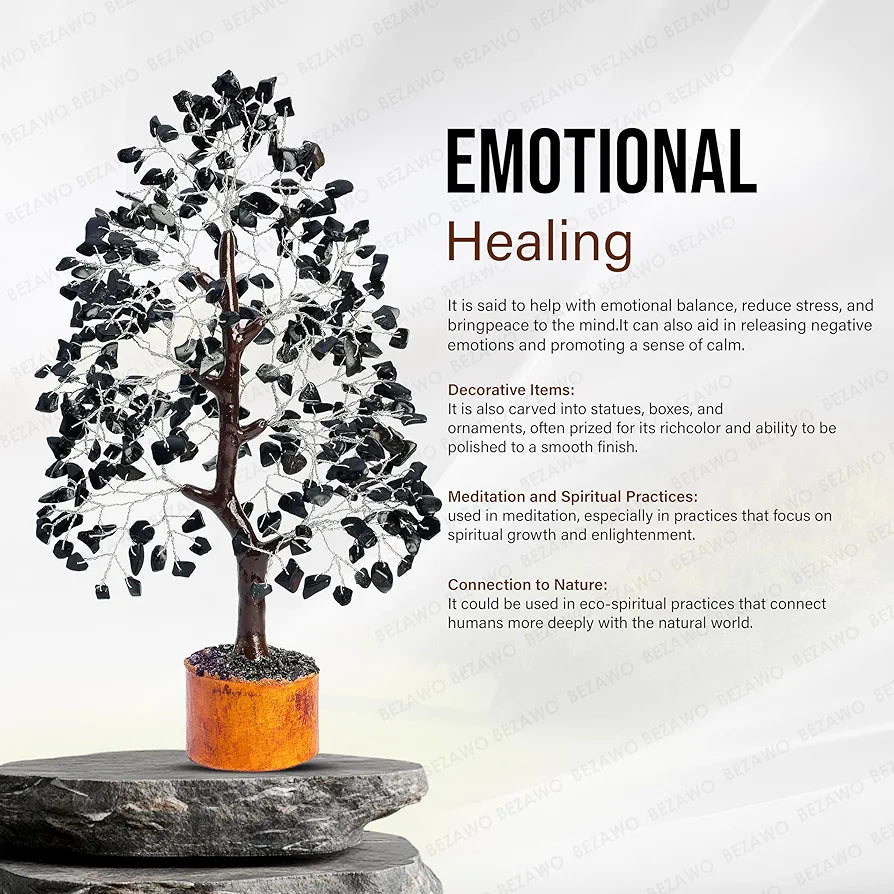 Bezavo Black Tourmaline Crystal Tree – Healing Money Tree for Feng Shui Silver Wire