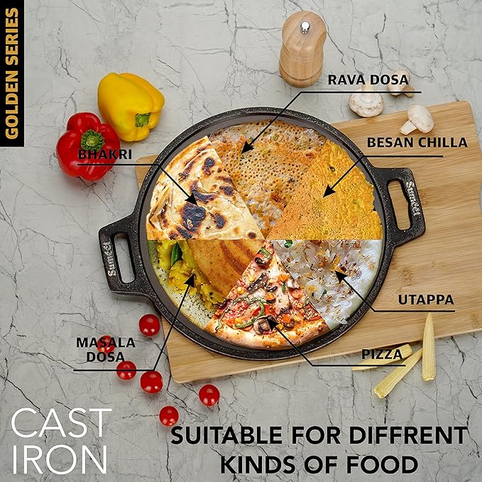 Sumeet Super Smooth Gold Series Pre Seasoned Cast Iron Flat Tawa for Dosa|30.5cm 2.3kg Gas