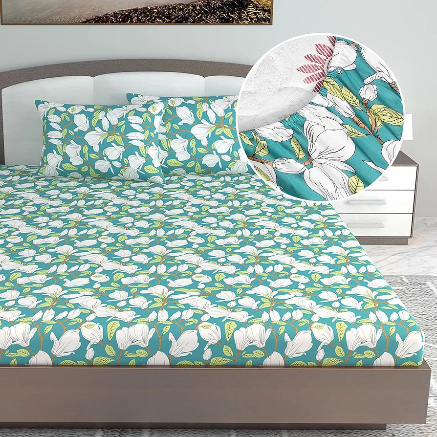 Divine Casa 144 TC Cotton Floral Print King Size Double Bed Elastic Fitted Bedsheet with 2 Pillow Cover Colour Aruba Blue