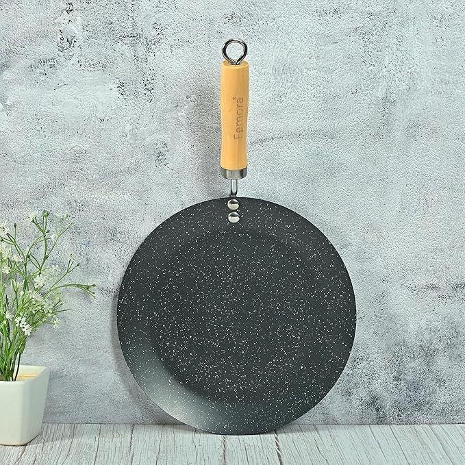 Femora Carbon Steel Tawa With Wooden Handle | 3 Layer Non-stick Coating Tawa | Black | Diameter | 28 Cm