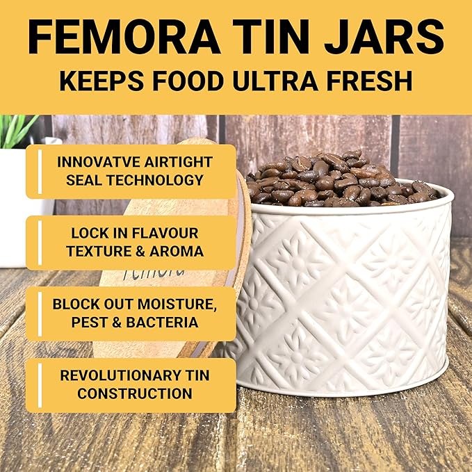 Femora Kitchen Storage Jars Tin Jar With Wooden Lid Air Tight Jar | 300 Ml | Set of 4