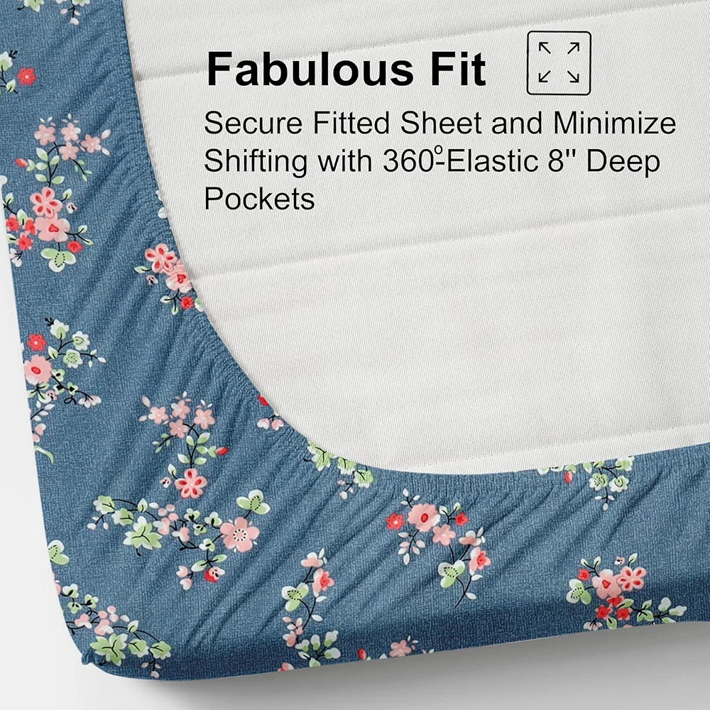 Fresh From Loom Anti Fade Floral Print 240 TC Microfiber King Size Fitted Bedsheet with 2 Pillow Covers Greyish-Blue