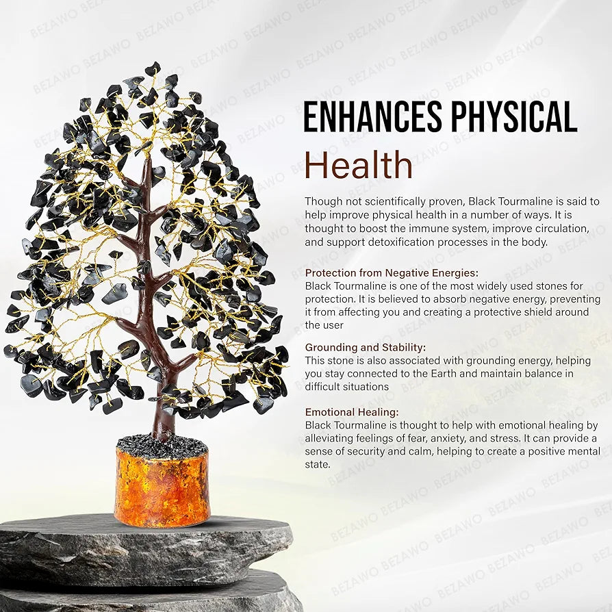 Bezavo Black Tourmaline Crystal Tree for Healing & Prosperity Golden Wire