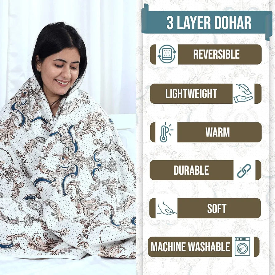 Divine Casa Glace Cotton 120 GSM, 120 TC Reversible Lightweight Printed AC Dohar Blanket for Single Bed Colour Beige & Brown