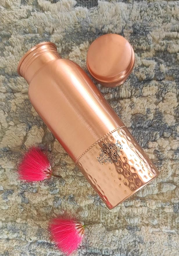 Indian Art Villa Copper Bottle With Uper Lacquer & Bottom Hammered Design (Pack of 2)