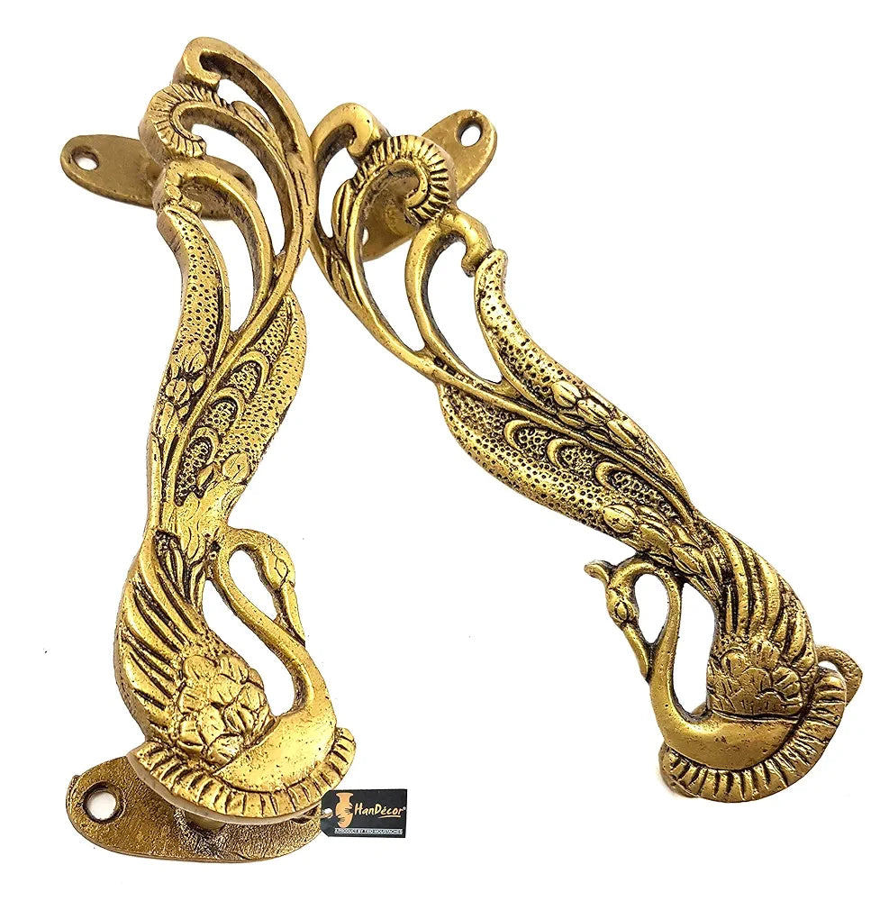 Two Moustaches Peacock Design 7 Inches Brass Door Handle Pair - Antique Yellow Standard
