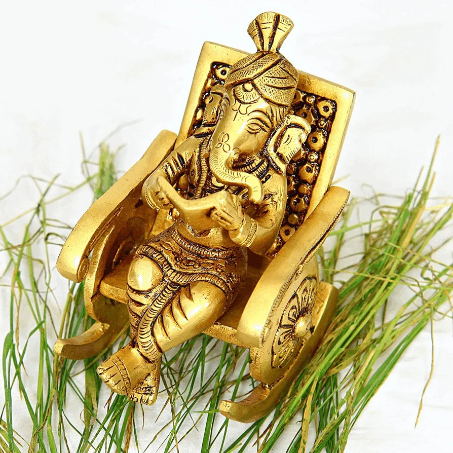 anciently Premium Chair Ganesha Idol | Rocking Chair Ganesha Idol | Heavy Rocking Chair Ganesha Brass, 675g, Height 10.5 CM, Gold Colour, 1 Piece