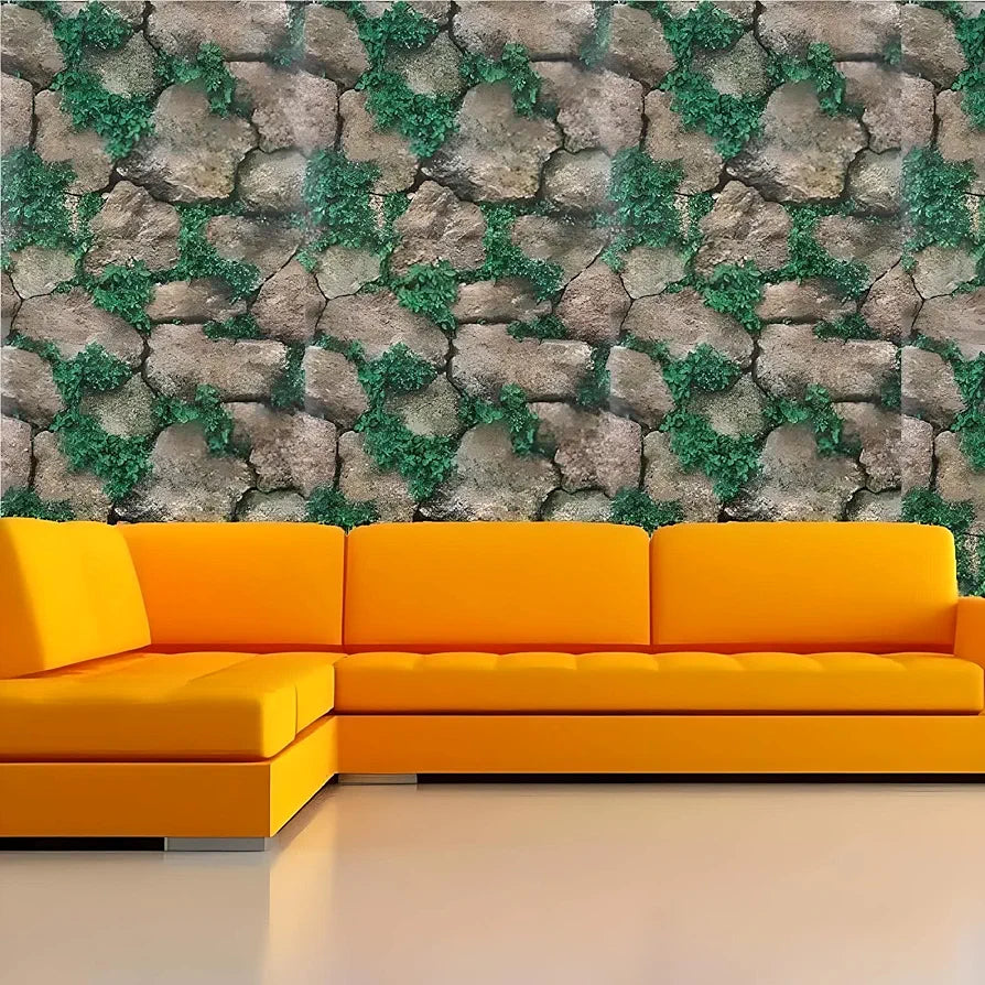 Jaamso Royals Green Grass With Stone Wall Papers for Home Brick Stone Wallpaper