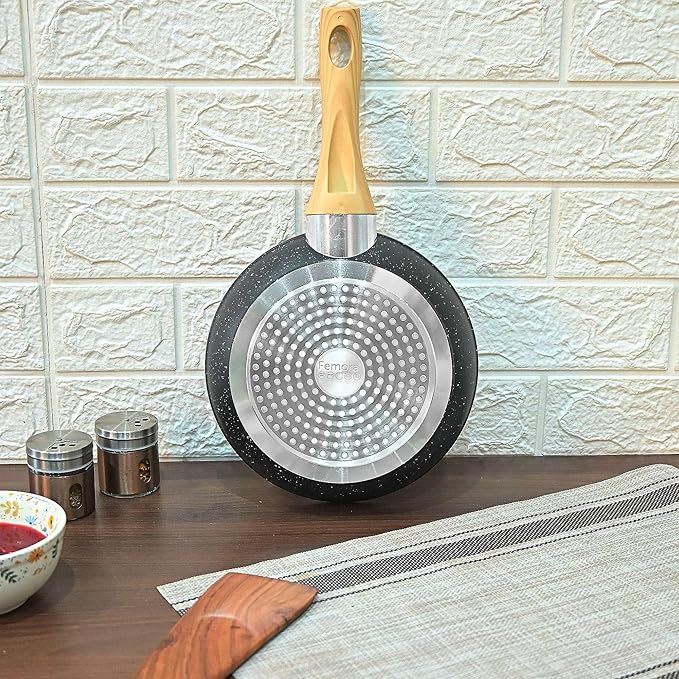 Femora Foged Die Cast Aluminium Non Stick 20 Cm Frypan With Wood Finish Handle | Granite Finish | Induction & Gas Ready