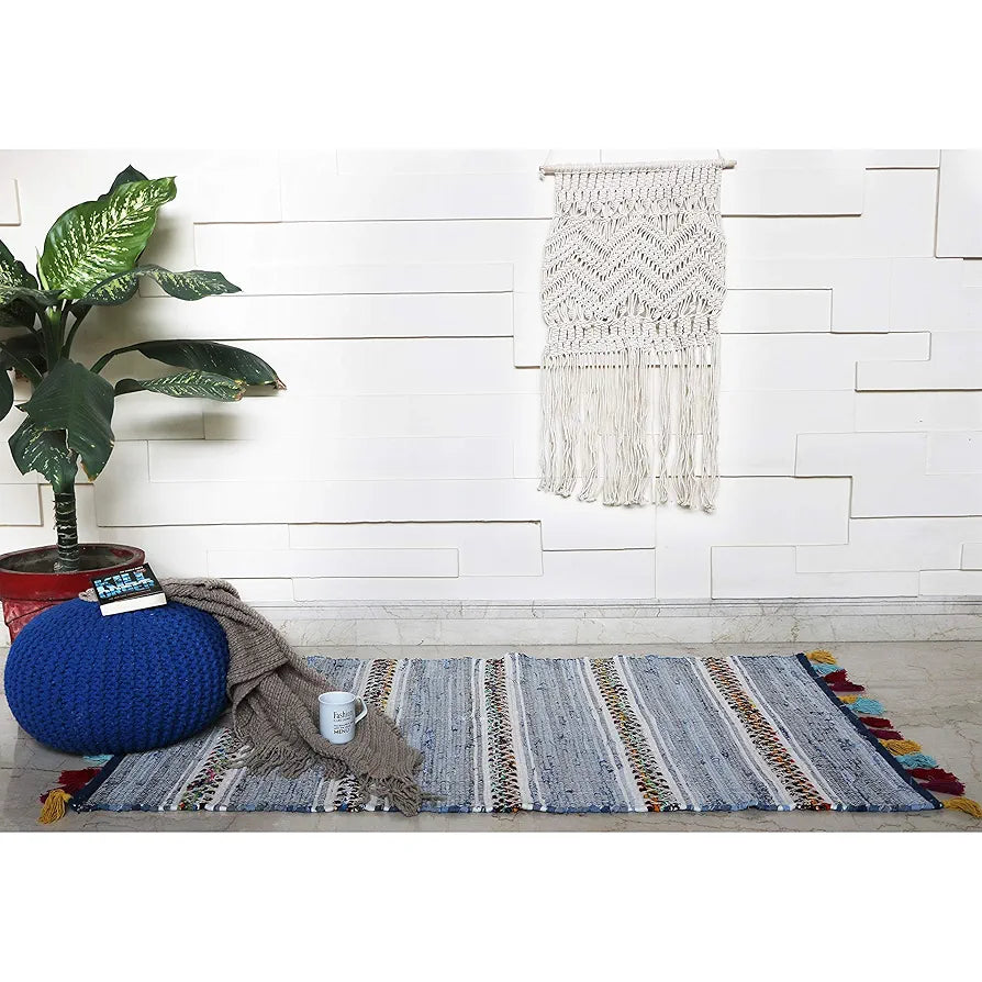 The Home Talk Cotton Chindi Rug Denim Carpets for Living Room Hallway Bedroom Denim Blue