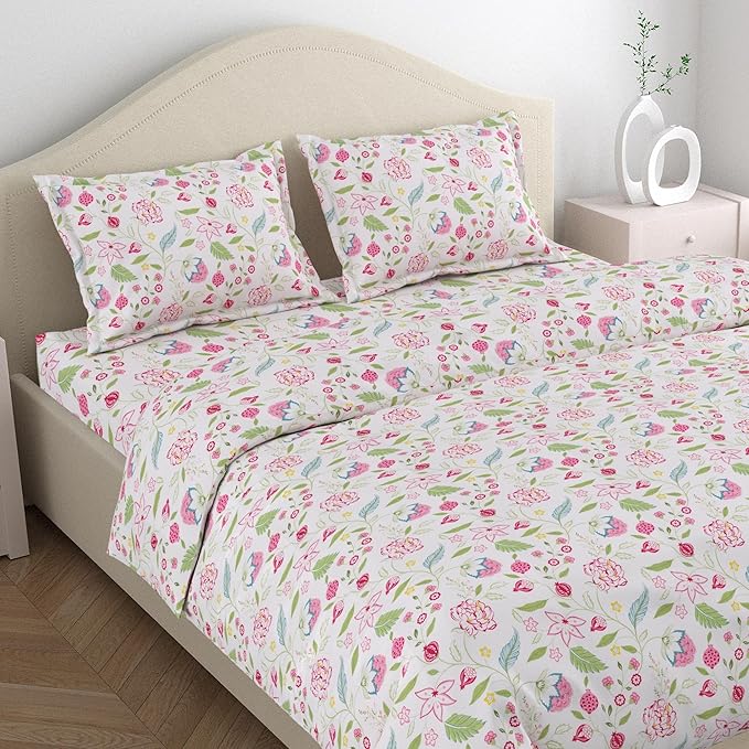 Haus & kinder Cotton Queen Size Bedsheet for Double Bed (90 X 100 Inches) with 2 Pillow Covers | 186 TC | Light Pink