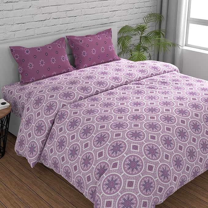 Huesland by Ahmedabad Cotton 144 TC Cotton Bedsheets for King Size Bed with 2 Pillow Covers | Mandala | Pink & Magenta