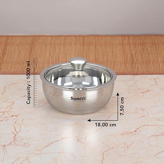 Sumeet Smart Serve Stainless Steel Double Wall Insulated Hot Sabji With Glass Lid 1L 1Pc