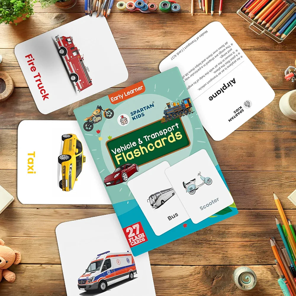 SPARTAN KIDS® Vehicle & Transport Flash Cards for Kids | 27 Early Learning Flash Cards Easy & Fun Way of Learning 1 Year to 6 Years Babies