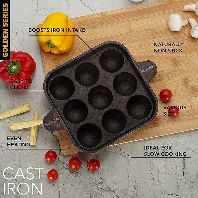 Sumeet Super Smooth Gold Series Pre Seasoned Cast Iron Appam Patra for Paniyaram | 18.50cm 1.5kg 9 Pit.