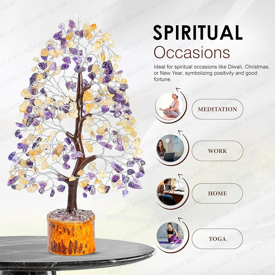 Bezavo Amethyst & Citrine Crystal Tree Feng Shui Seven Chakra Energy Tree – 10-12 Inch