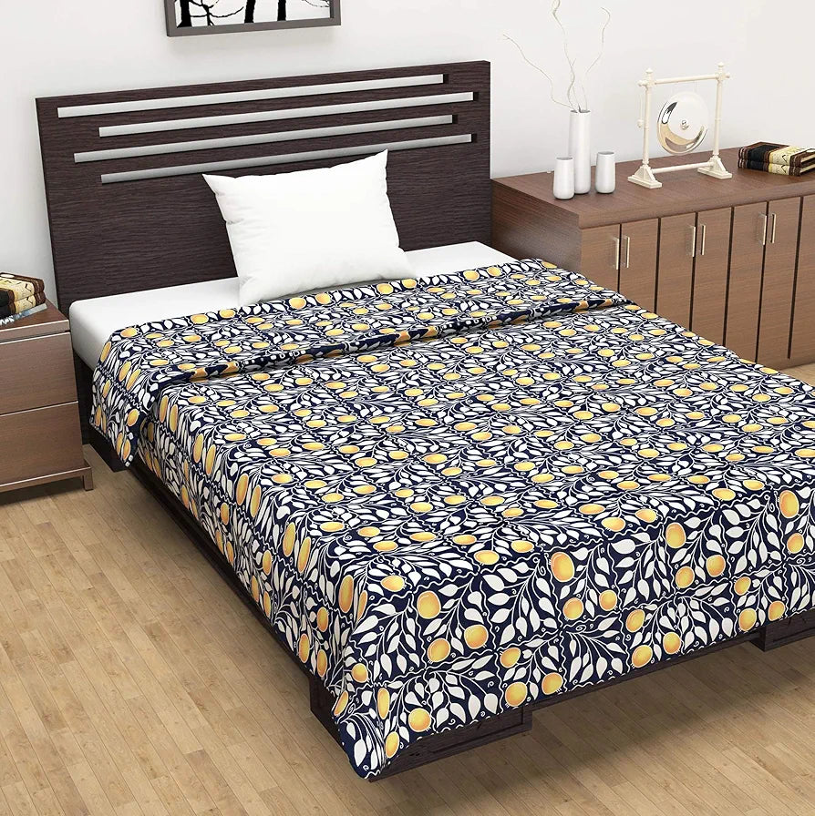 Divine Casa 120 GSM Glace Cotton Single Bed Dohar Lightweight & Soft AC Blanket| Reversible Quilt Colour Navy Blue & Mustard Yellow