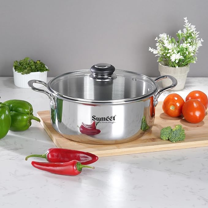 Sumeet Cook Smart TriPly Steel Aluminium Steel 3 Layers Pot Glass Lid- 2.9Ltr - 20Cm Silver