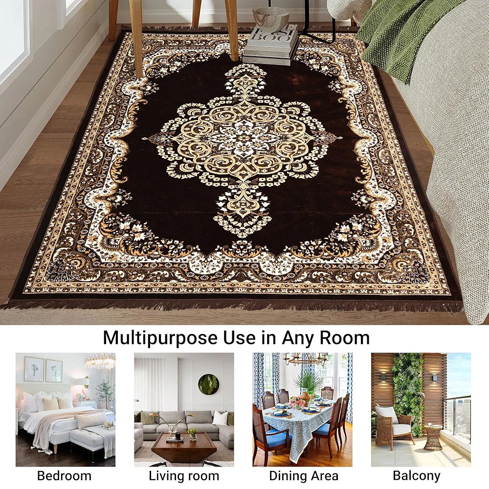 Kuber Industries 5x7 Feet Carpets for Living Room Machine Washable Bedside Floor Rugs Mat for Bedroom Floral Print Premium Cream & Brown