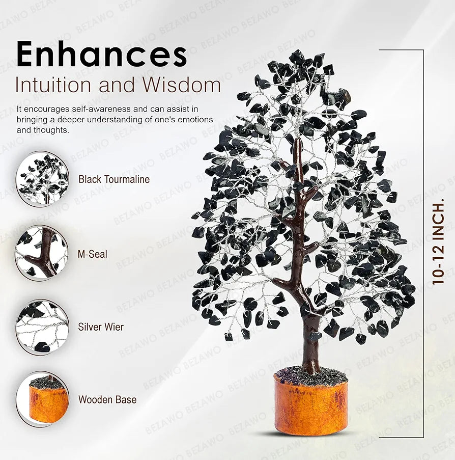 Bezavo Black Tourmaline Crystal Tree – Healing Money Tree for Feng Shui Silver Wire