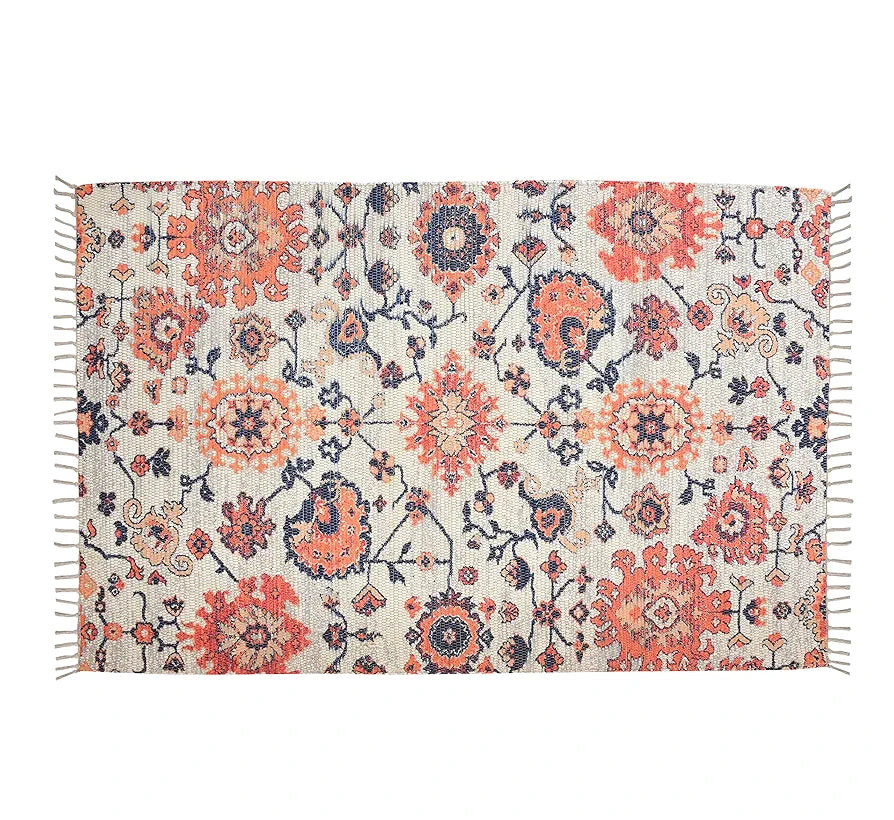 Homadorn Handmade Sustainable Printed Modern Dhurrie/Rugs/Carpet Colour Blue Cream