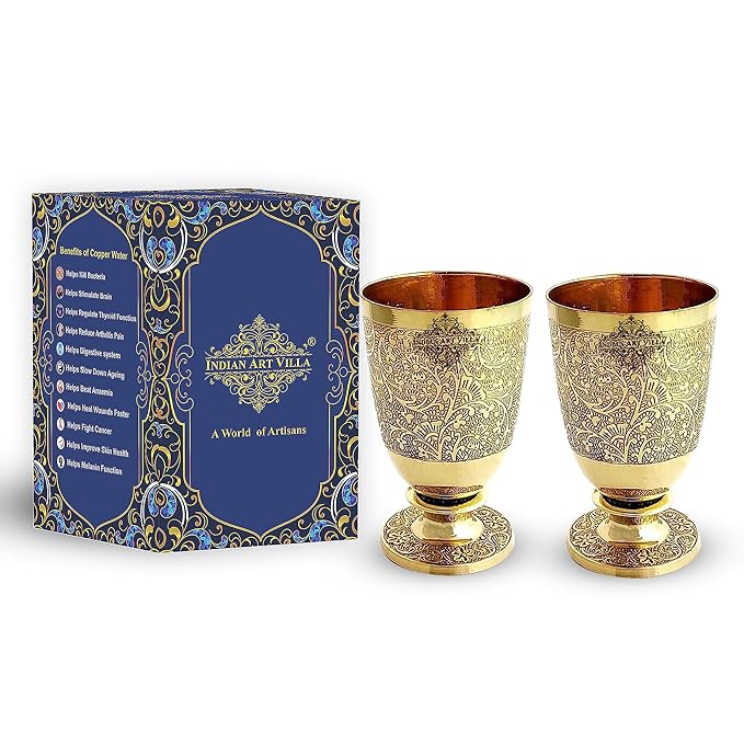 Indian Art Villa Pure Brass Glass Tumbler With Goblet Design - 350 gms (Pack of 2)