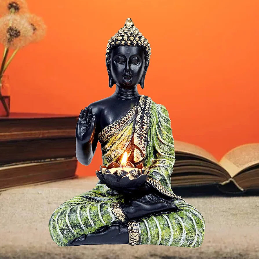 Jaipur Ace Sitting Buddha Idol Statue for Home Decorations Items Showpiece Green tea Light Buddha