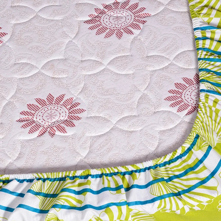 Divine Casa Cotton Acid Lime Bedsheet for Double Bed Elastic Fitted with 2 Pillow Covers  Calming Shells Colour Acid Lime