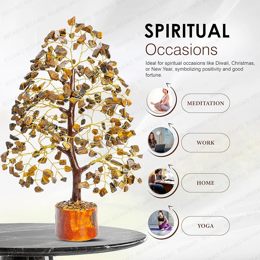 Bezavo Tiger Eye Crystal Tree of Life Golden Wire