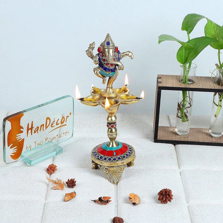 Two Moustaches Gemstone Work Dancing Ganesha Over Ethnic Legs Five Oil Wick Brass Diya