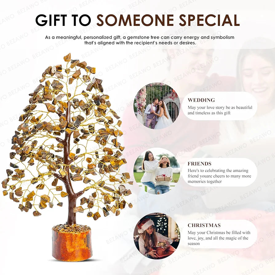 Bezavo Tiger Eye Crystal Tree of Life Golden Wire