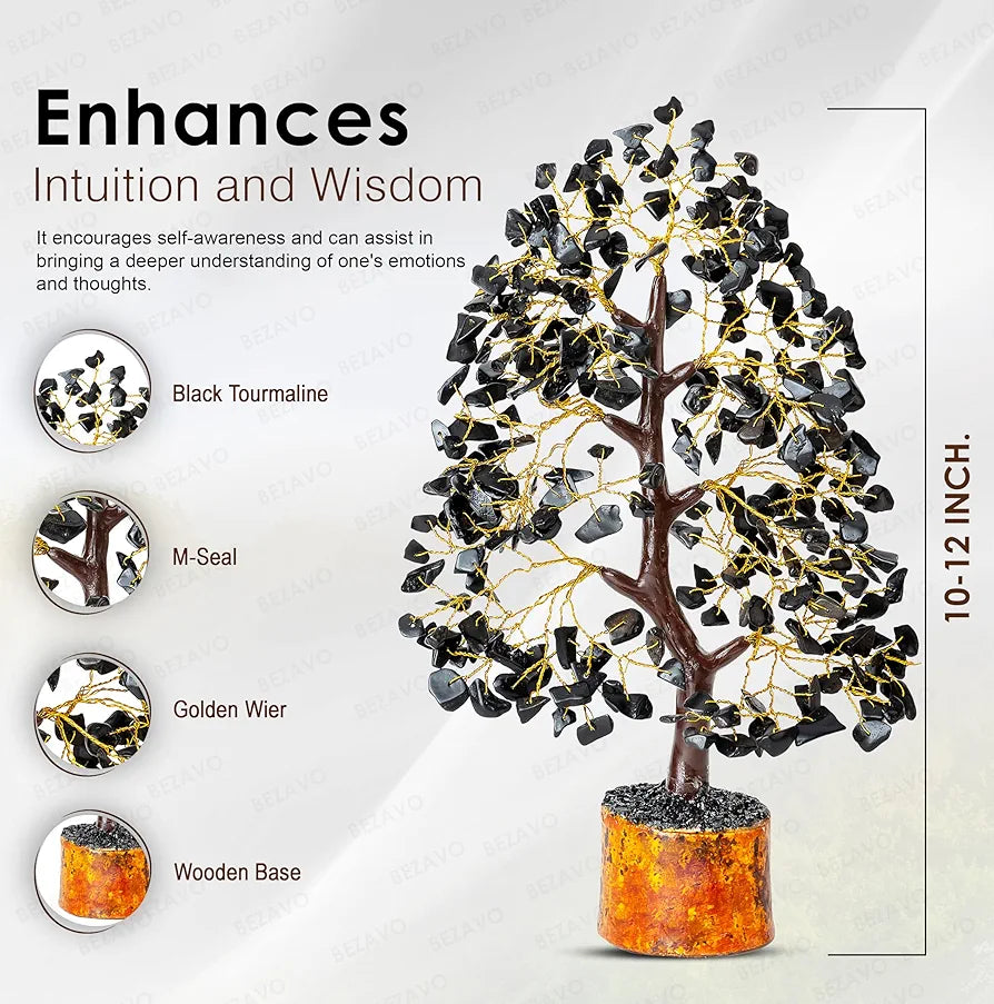 Bezavo Black Tourmaline Crystal Tree for Healing & Prosperity Golden Wire